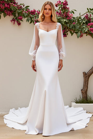 Ivory Satin Scoop Neck Sweep Train Mermaid Wedding Dress with Lace